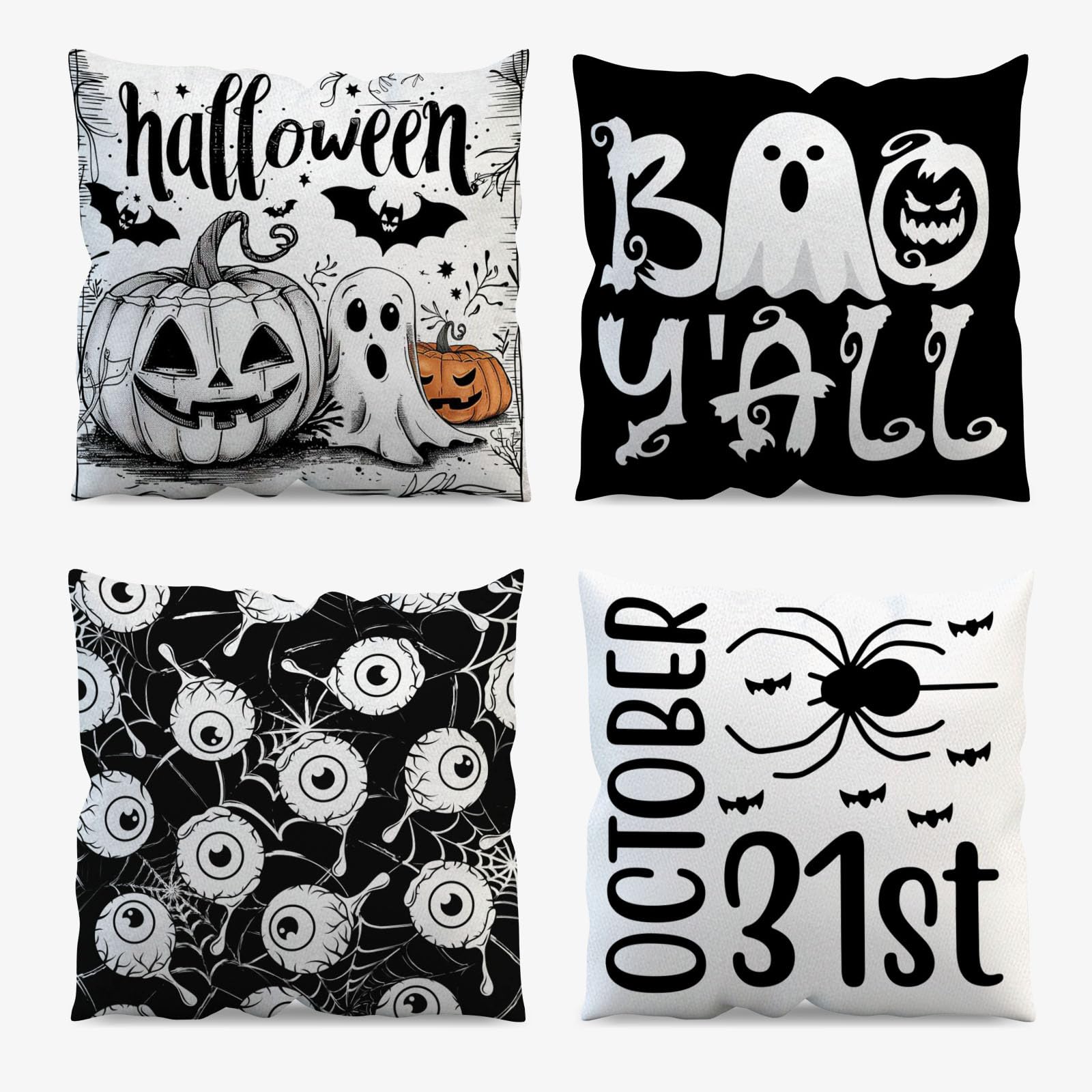 AIBIIN Halloween Cushion Covers Set of 4 for Halloween Indoor Outdoor Decorations Pumpkin Ghost Bat Spider Web Linen Pillow Case for Sofa Couch Home Bedroom 45x45cm