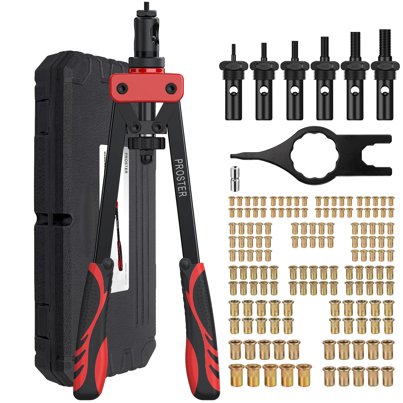Proster Rivet Nut Tool 14" - Rivet Nut Pliers Set, Heavy Duty Rivnut Tool Kit with 150PCS Rivet Nuts and M3 M4 M5 M6 M8 M10 6 Metric Mandrels Heat-Treated Alloy Steel Rivnut Gun with Storage Box