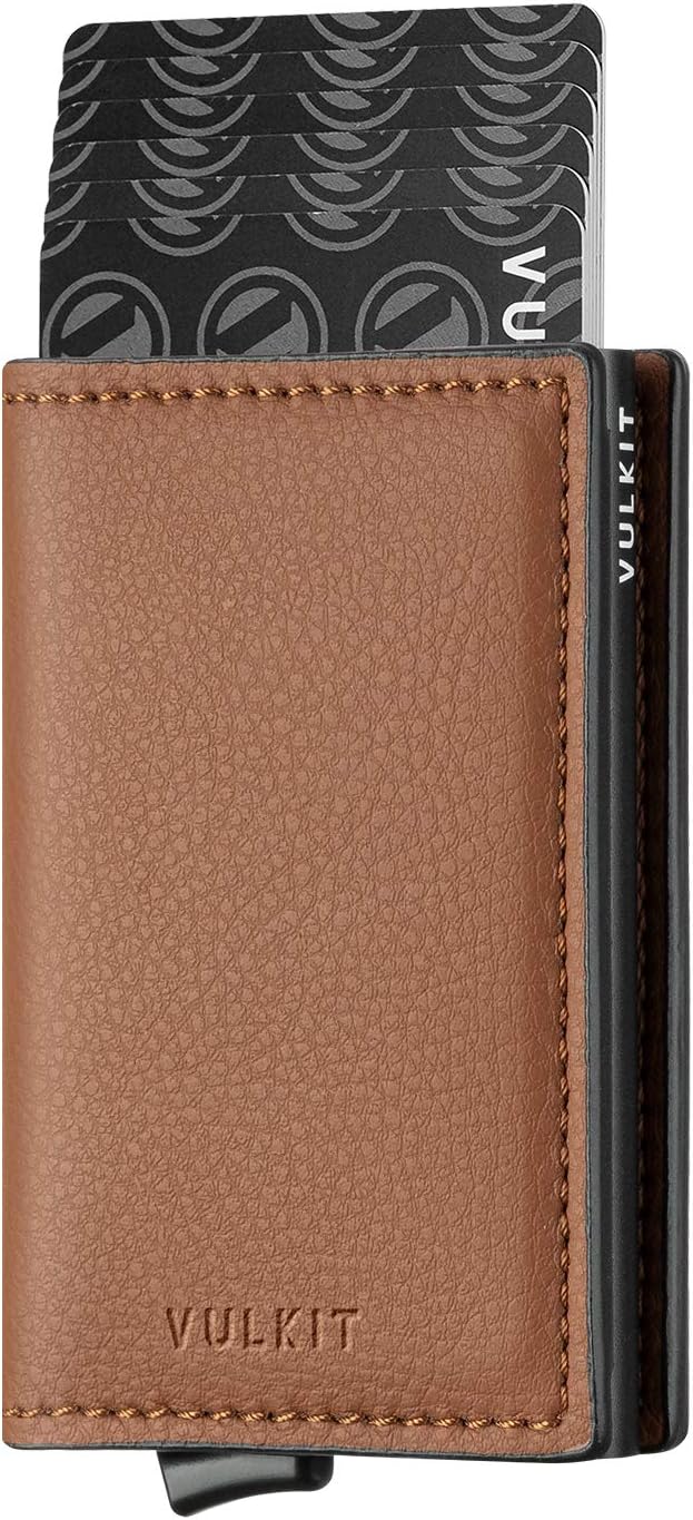VULKIT Credit Card Holder for Men Leather Card Wallet RFID Blocking Pop Up Metal Bank Card Case with 3 Slots for Cards & Notes, Brown