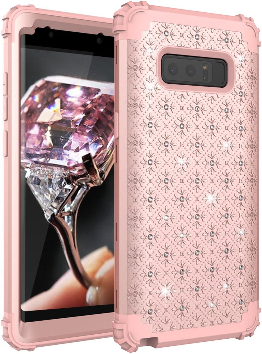 AdiWon Samsung Galaxy Note 8 Case Glitter Bling Crystal Diamond Girly Rhinestone for Girls/Women Three Layer Hybrid Shockproof Protective Cover,Rose Gold