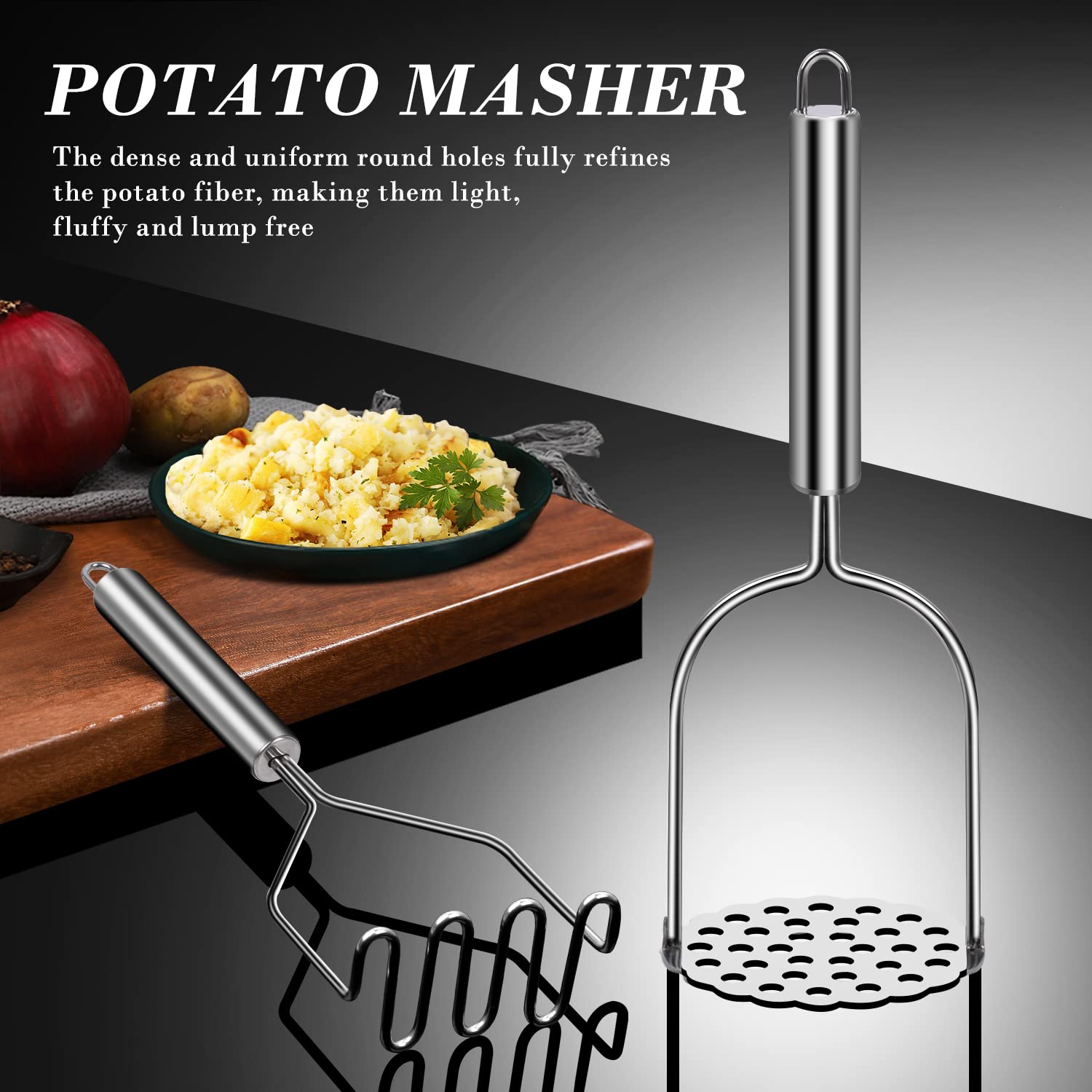 Kartoffelstampfer, Sopito 2 Stück Kartoffel Stampfer aus Edelstahl kartoffelpresse Edelstahl Rostfrei Spülmaschinenfest, Potato Masher für Gemüse und Früchte 2