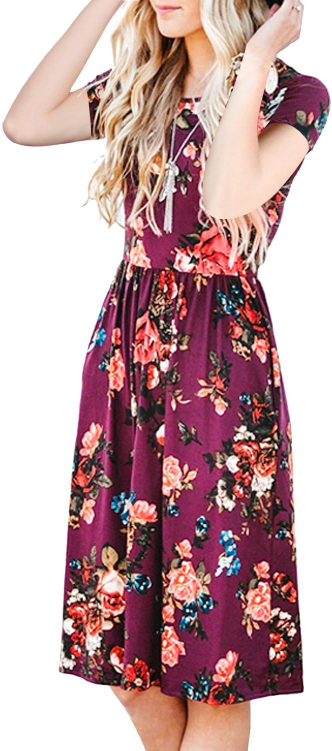 MALOTINA Women Short Sleeve Floral Print Scoop Neck Elastic Waist Pocket Casual Midi Vintage Dress