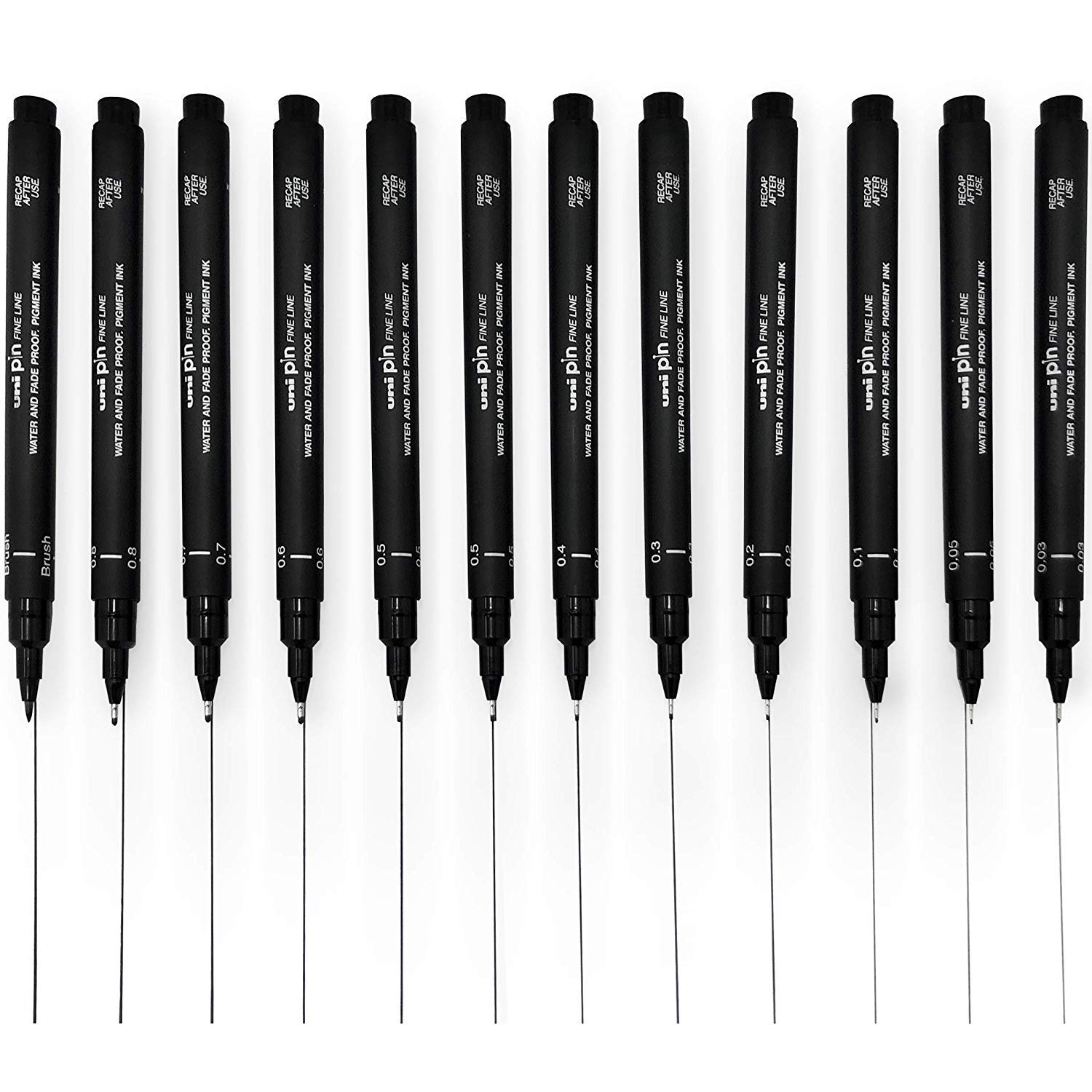 Uni Pin Fineliner Drawing Pen - Full Set of 11 Grades + Extra 0.5mm - Black Ink