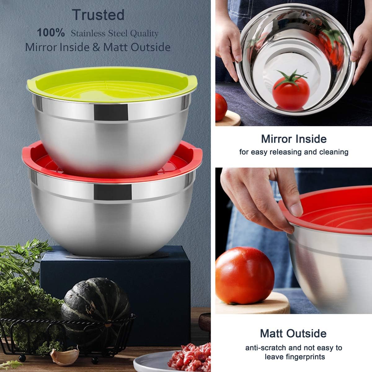 HaWare Mixing Bowl Set of 5, 100% Stainless Steel Nesting Metal Bowls with Airtight Lids, Heavy Duty & Dishwasher Safe - Image 5