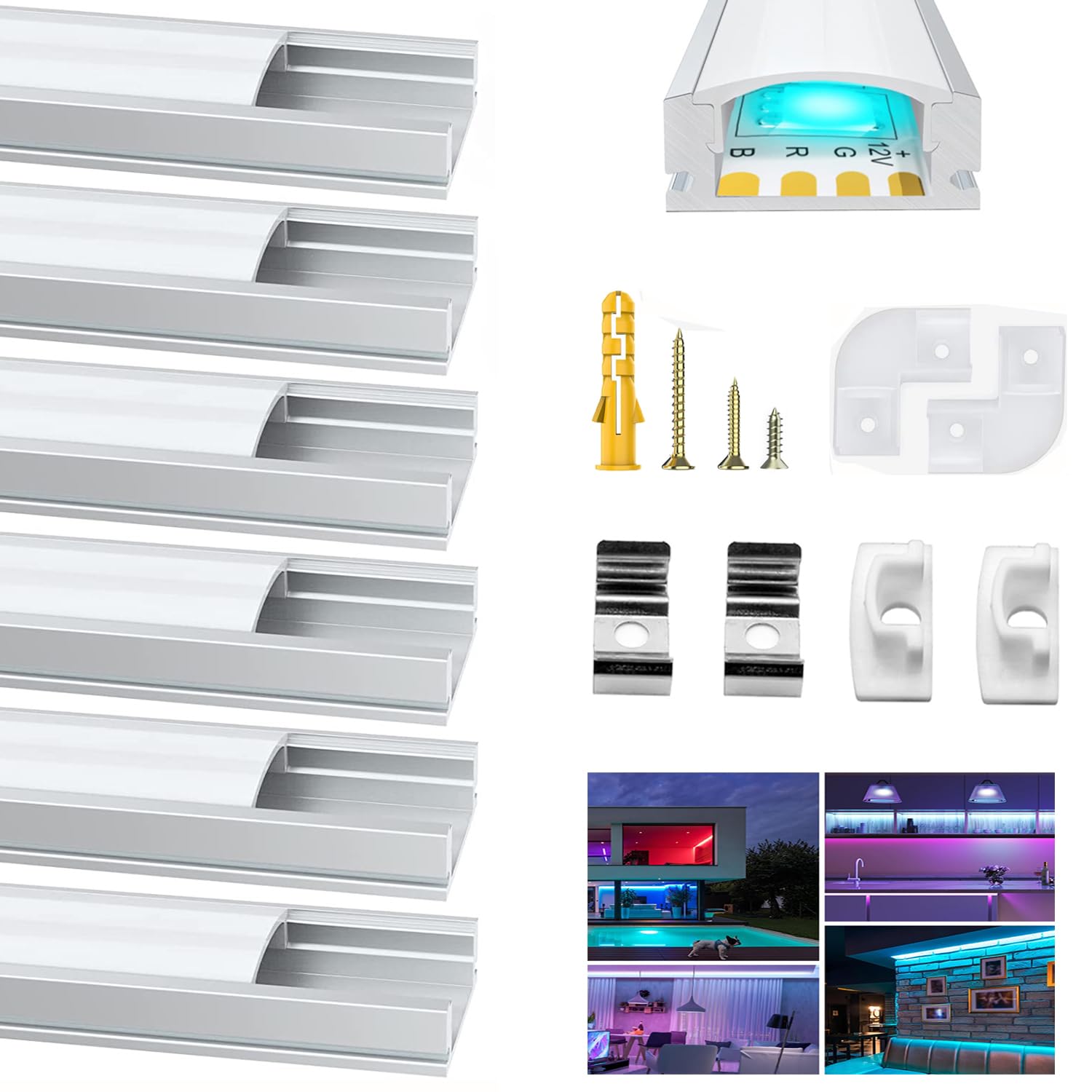 Chesbung 6 Pack U Shape Led Aluminum Profile for LED Strips, 1Meter/3.3ft Aluminum Channel with Milky White Cover, Led Track Diffusers with End Caps, Mounting Clips and 90 Degree Corner Connector