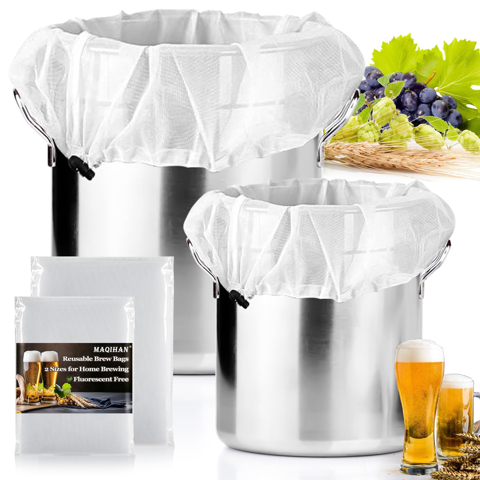 Photo 1 of 2 Pack Reusable Brew Bags - Extra Large Fine Mesh Strainer Bag for Home Brewing, 26"x22", 16"x18" Straining Bag for Beer Grape Wine Press Fruit Cider Juice Grain Milk Making, Adjustable Drawstring