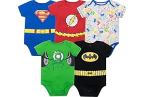 WARNER BROS Justice League DC Comics Baby 5 Pack Cosplay Costume Bodysuits Newborn to Infant Sizes (Newborn - 24 Months)