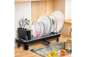 mekueeex Small Dish Drying Rack, Compact Dish Rack for Kitchen Counter with Removable Cutlery Holder, 360°Rotating Spout, Multifunctional Stainless Steel Dish Drainer, Space Saving