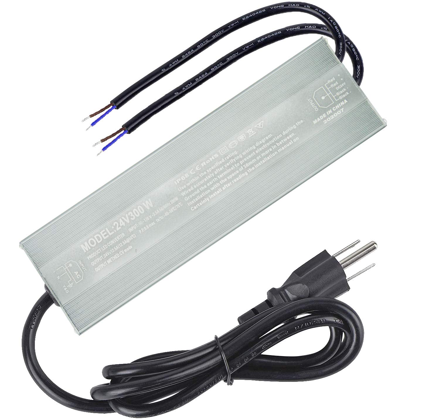 Samvol 300W LED Driver, Waterproof IP68 Transformer, 90V-130V AC to 24V DC Low Voltage Output for LE
