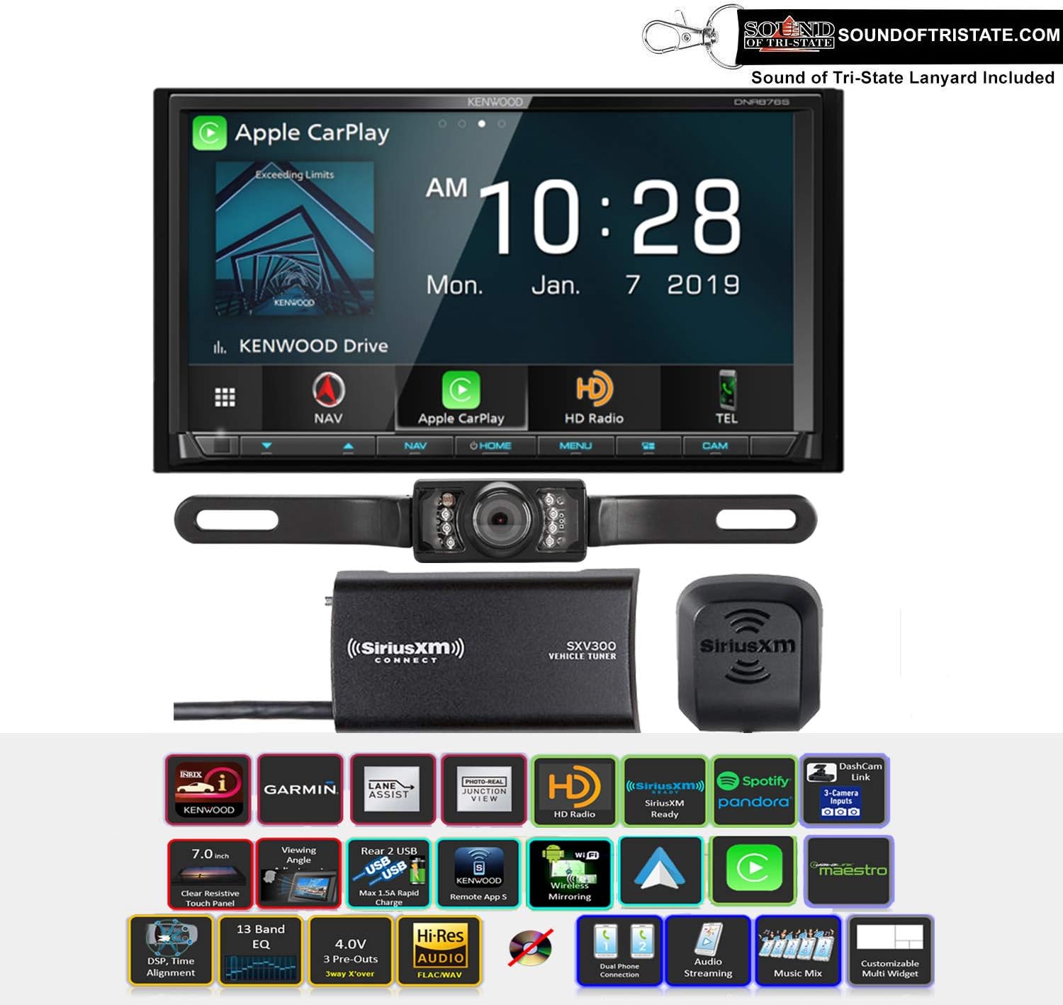 Kenwood DNR876S Digital Multimedia Navigation Receiver w/License Plate Style Camera & SiriusXM SXV300v1 with Sound of Tri-State Lanyard Bundle