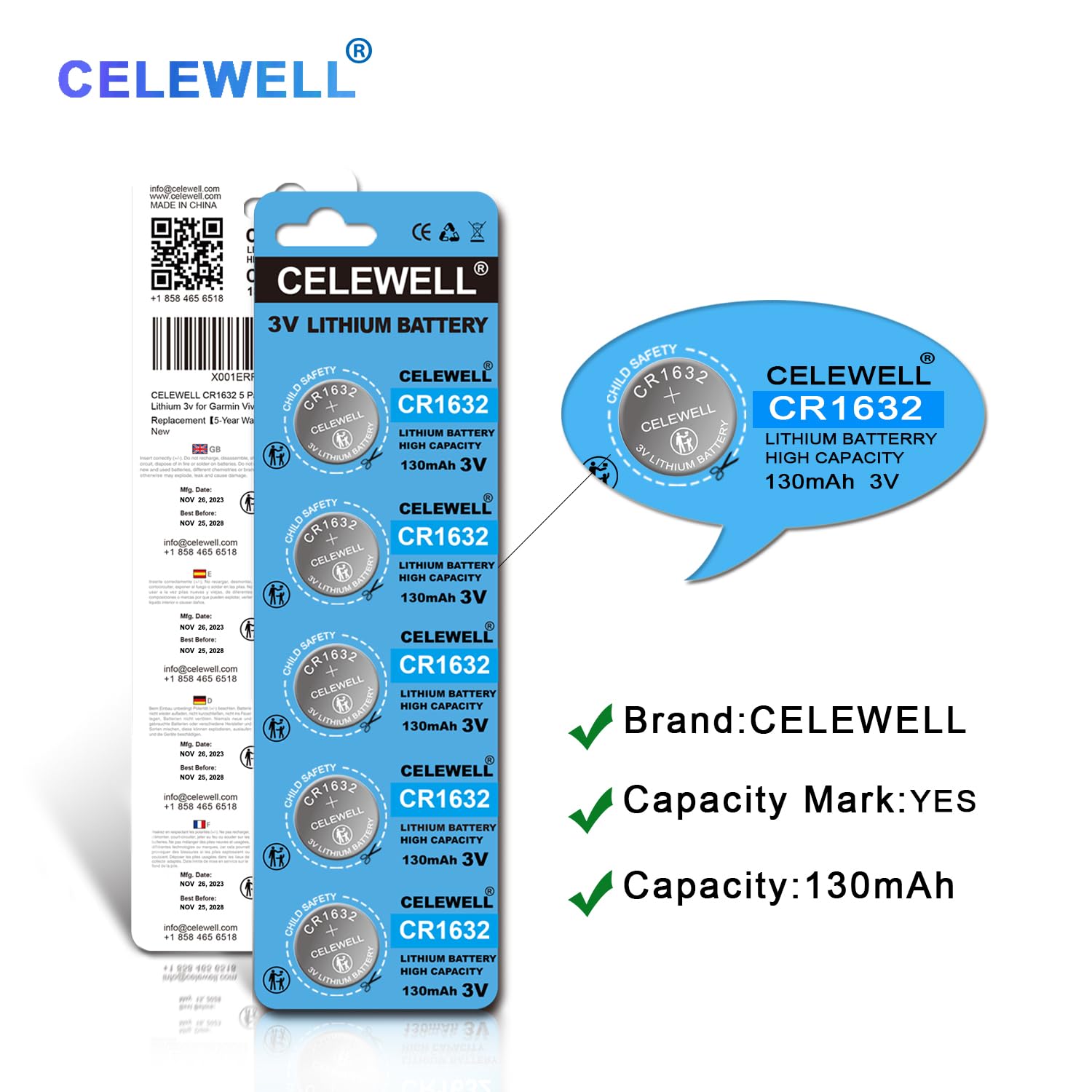 CELEWELL CR1632 5 Pack CR 1632 Battery Lithium 3v for Garmin Vivofit Jr Key Fob Replacement 【5-Year Warranty】