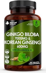 New Leaf Ginkgo Biloba & Korean Ginseng Tablets 360 Vegan 7000mg 600mg