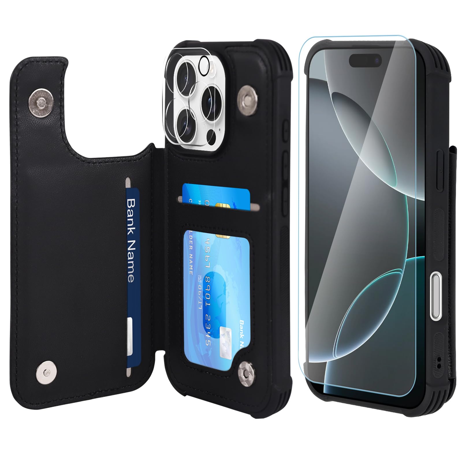 VANAVAGY Compatible for iPhone 16 Pro Wallet Case with Credit Card Holder,Rfid Leather Flip Folio Phone Cover Fits Magnetic Car Mount and Stand with Screen Camera Protector,Black