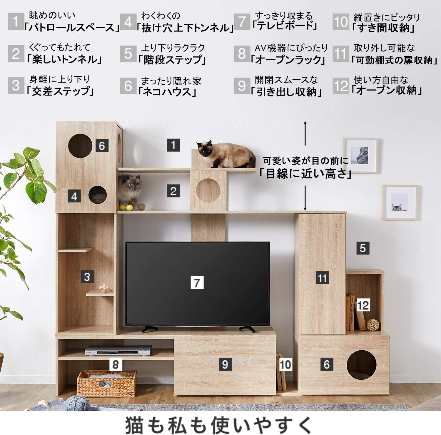 Amazon Co Jp Lowya ロウヤ 猫 家具 Tvボード テレビ台 キャットタワー 壁面 壁面収納 50型 幅2 ナチュラル ホーム キッチン