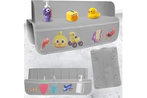 NOVEMBER SPRING Bathtub Splash Guard Bath Toy Storage 22inch Splash Protection Practical Mesh Pockets Tub Play Shelf with Area 8 Suction Cups Super Adsorption Bathtub Toys Organizer Holder for Toddlers Baby (grey)