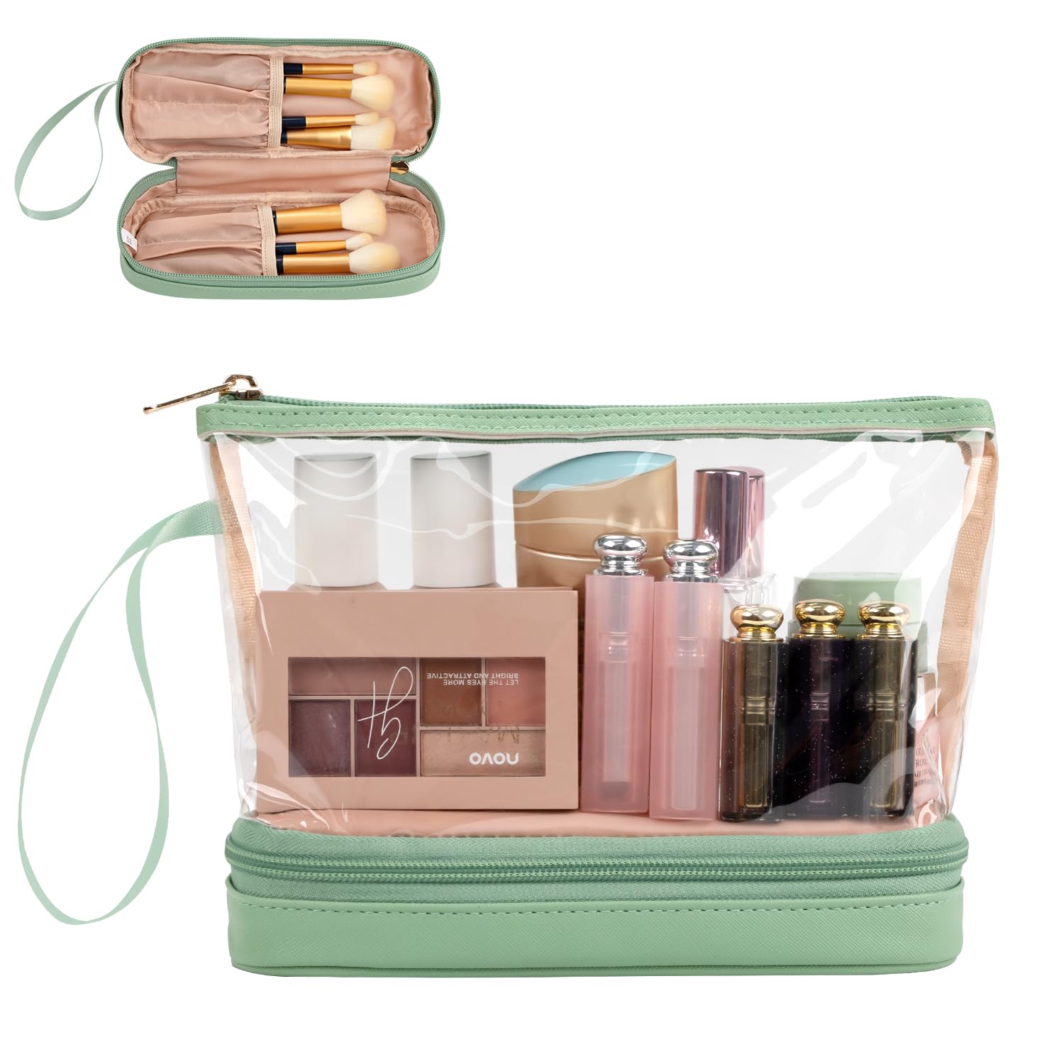 Clear Makeup Bag Small Travel Makeup Bag with Brushes Organiser Compartments, TSA Approved Toiletry Bag for Travel Size Toiletries, Holiday Essentials Women, Green