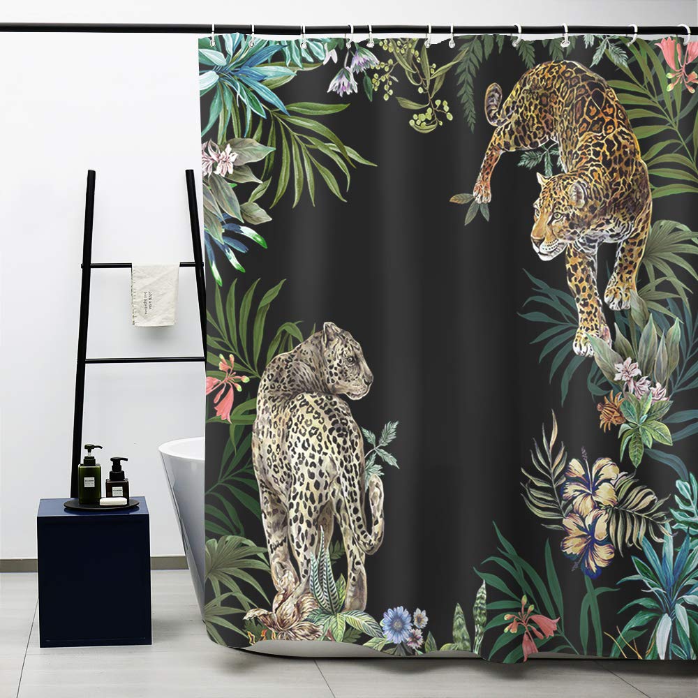 Obal Shower Curtain, Leopards In Jungle Black Background Bathroom Curtains Water Resistant Mould Resistant Polyester Heavy Weight Home Accessories Set With Curtain Hooks Washable, (71 in X 71 in) — image 1