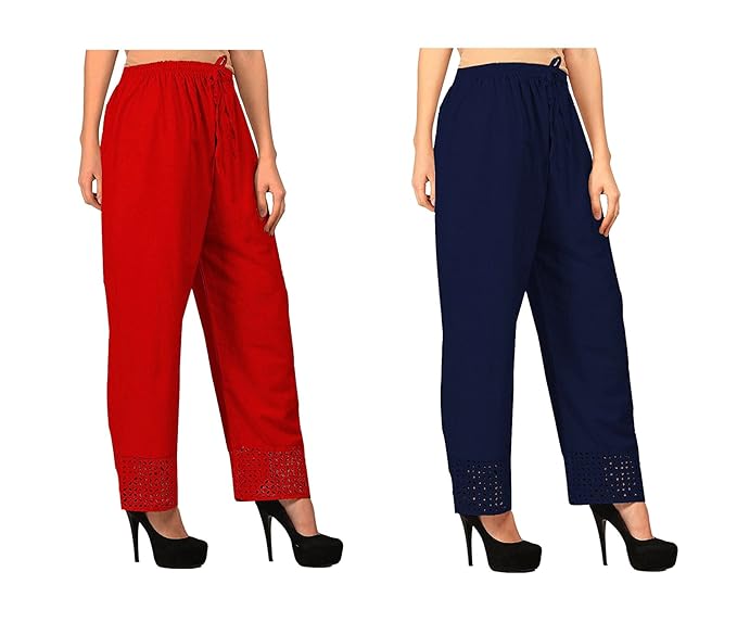 Women's Cotton Palazzo Designer Plain Casual Wear Palazzo for Women/Girl Combo Cotton Palazzo Color-RED_Nevy Blue