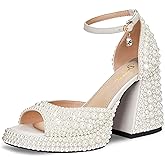 driceic Women's open toe pearl high-heeled sandals Chunky Buckle Ankle Strap Wedding Heeled Sandals Dress Evening Bride Shoes