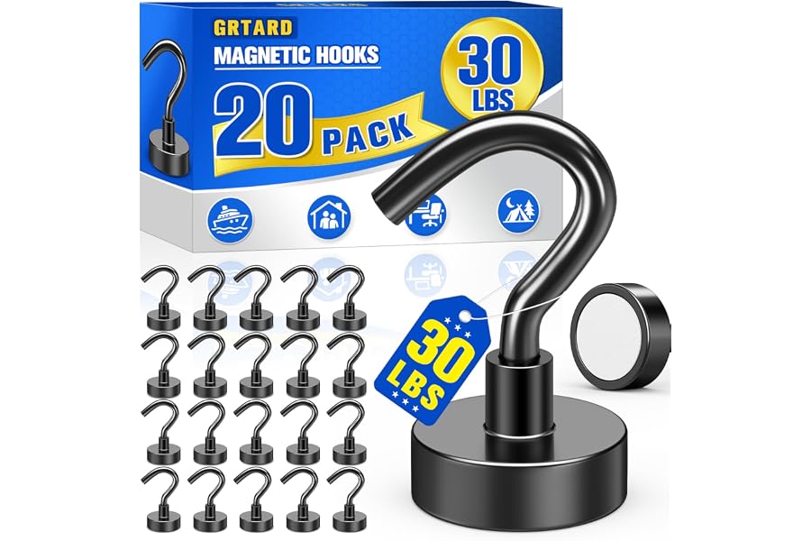 Grtard 20 Pack Black Magnetic Hooks Heavy Duty, 30LBS Strong Magnet Hooks | Strong Magnetic Hooks for Cruise Cabin, Metal Magnet with Hooks for Fridge, Home, Kitchen, Industry, Workplace, Office