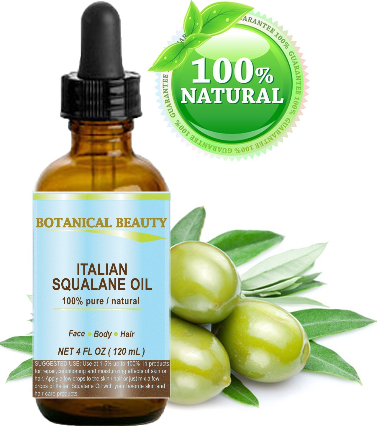 Botanical Beauty Natural Italian Squalane Moisturizer Oil for Face, Body and Hair, 4 fl.oz (120 ml)