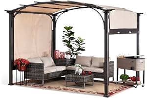 Sunjoy Outdoor Pergola 9.5 x 11 ft. Steel Arched Pergola with Adjustable Canopy for Patio, Backyard and Garden Activities, Tan & Brown