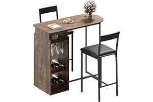 GarveeTech Bar Table and Chairs Set for 2, Space-Saving Dining Table with Triple-Tier Wine Rack and Glass Holder, Vintage Brown Finish, for Kitchen, Dining Room, or Home Bar