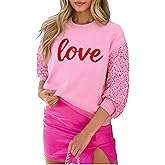Valentines Sequin Sweater Womens Love Heart Valentines Day Outfit Crewneck Long Sleeve Holiday Knit Pullover Top