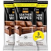 EVEO Leather Cleaner Wipes 4-in-1 Leather Cleaner and Conditioner for Furniture - 3 Pack (90 Total) Leather Couch Cleaner, Car, Shoes &amp; Purses &ndash; UV Protection, XL Moistened Wipes Restore &amp; Protect