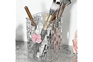 Stylish Pencil Holder for Desk,Clear Pencil Organizer Makeup Brush Cup Holders with Woven Texture and a Pink Bow,Office Home 