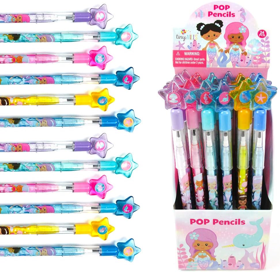 TINYMILLS 24 Pcs Rainbow Mermaids Multi Point Pencils Stackable Stacking Push Pencils Assortment with Eraser for Girl Birthday Party Favor Goodie Bag Stuffers Carnival Prizes Classroom Rewards: Office Products