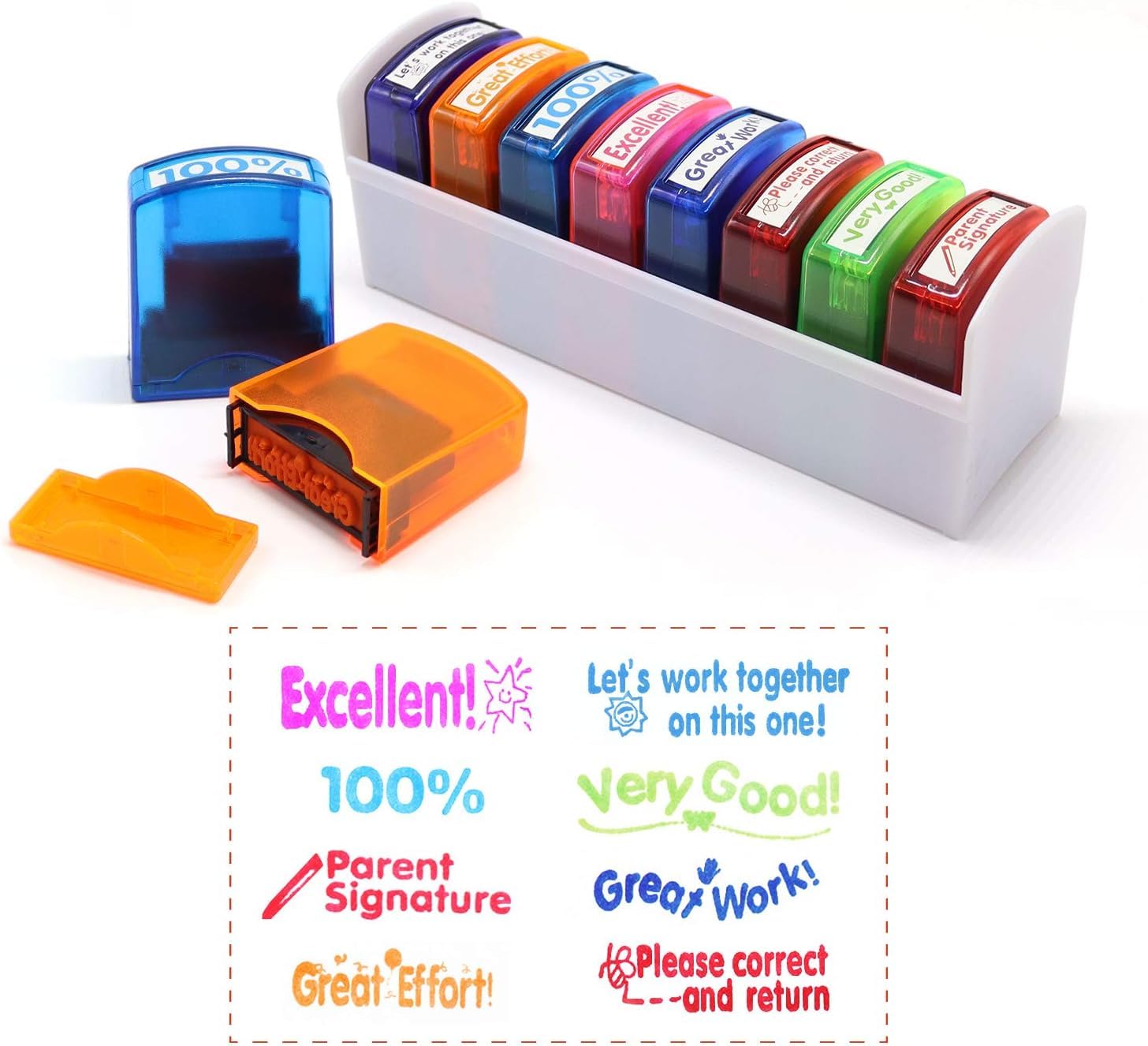 Colorful Self-Inking Motivation School Grading Teacher Stamp Set and Tray 8 Piece (Design A)