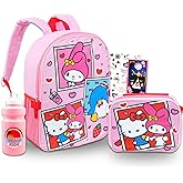 Sanrio Backpack with Lunch Box Set - Bundle of 16" Hello Kitty and Friends, My Melody, Tuxedo Sam Backpack, Lunch Bag, Bottle, Tattoos, More