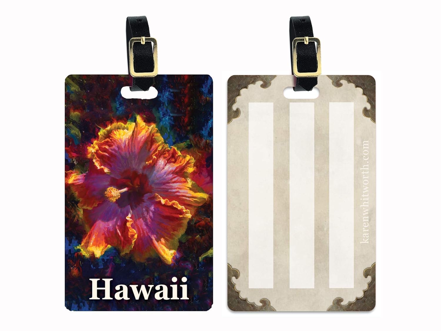Hawaii Luggage Tag With Hibiscus Flower And Leather Travel