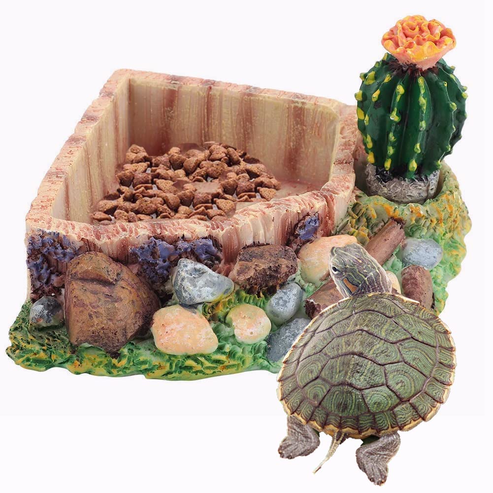 Pssopp Reptile Corner Water Dish Resin Turtle Bowl Reptile Food Dish Feeding Bowl Worm Feeder Terrarium Dish Plate Artificial Cactus Pool Scenery Ornament for Lizard Gecko Water Frog Other Reptile