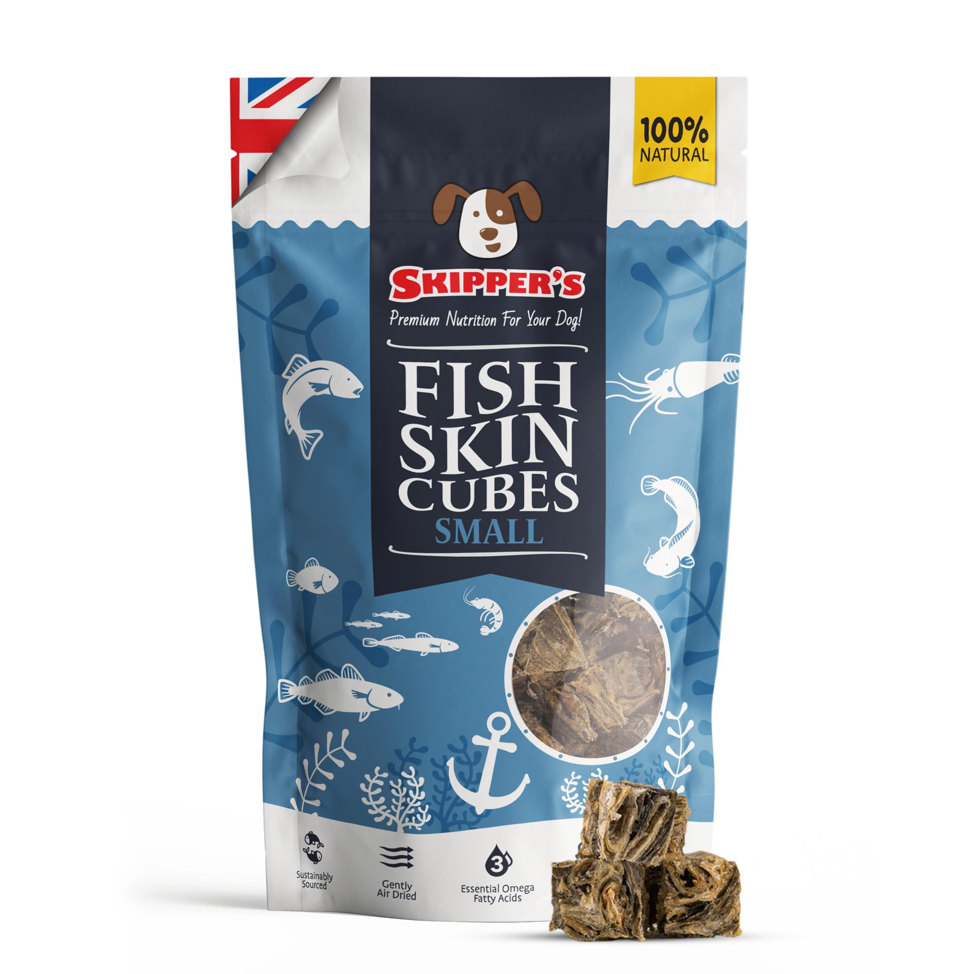SKIPPER'S Fish Skin Jerky Cubes - Gently Air Dried Dog Treats, Healthy & Natural Treat for Dogs, Hypoallergenic Grain Free, High in Protein & Low Fat | Great for Teeth (Cube Size Small, 70g Pack)