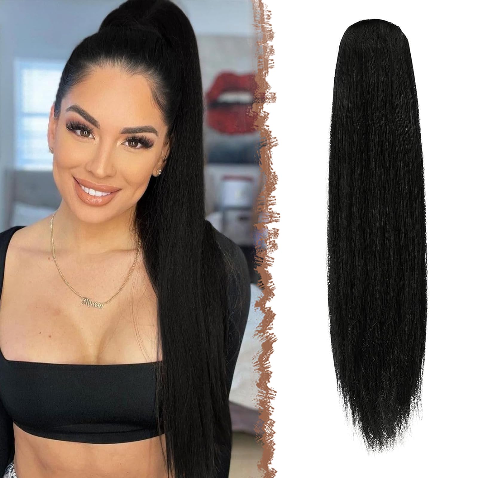 FESHFEN Straight Drawstring Ponytail Extension Natural Synthetic Long Pony Tails Hairpieces Clip in Ponytails Extensions for Women Girls, Natural Black 28 inch — image 1