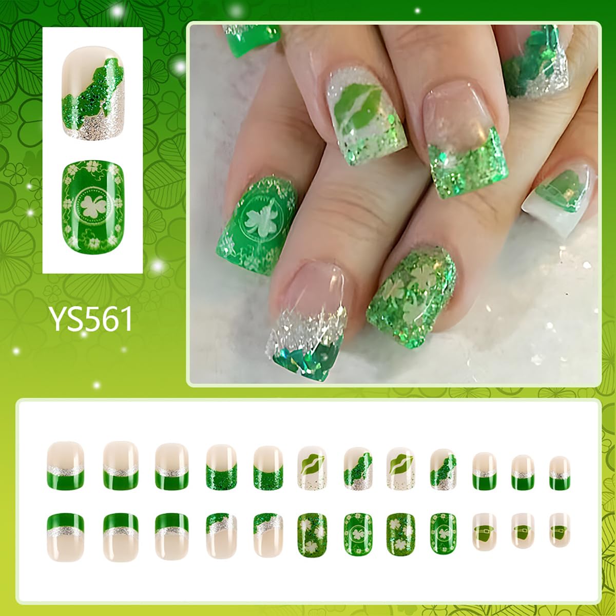 St. Patrick's Day Glitter Press on Nails Short Square Fake Nails Shamrock French Tip False Nails with Lucky Clover Designs, Full Cover Acrylic on Nails Glue on Nails for Holiday DIY Manicure 24Pcs - Image 2