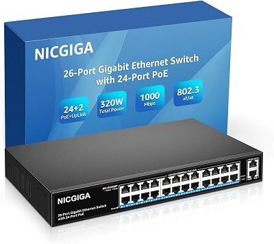 NICGIGA 24 Port Gigabit PoE+ Unmanaged Switch 320W 2 Uplink VLAN Rackmount