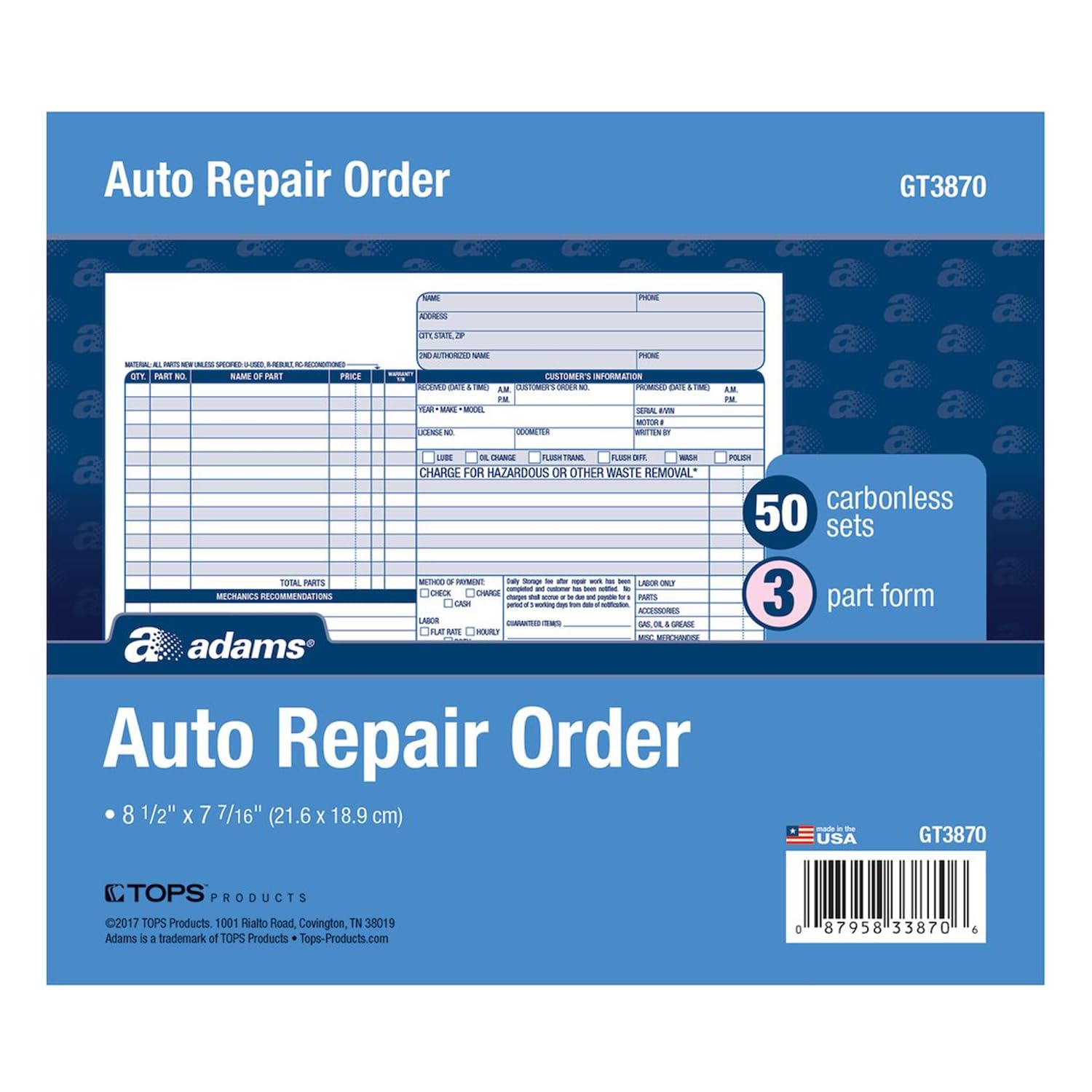 Photo 1 of Adams Auto Repair Order Forms, 8.5 x 7.44 Inch, 3-Part, Carbonless, 50-Pack, White and Canary (GT3870)
