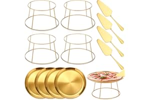 Yiyiring 12 Pcs Pizza Pan Riser Stands Sets Includes 4 Metal Pizza Table Stands 4 Pizza Pan and 4 Wood Handle Pie Server, Pizza Rack Stand Pizza Tray for Pizza Dessert Cheese Baking (Gold,Round)