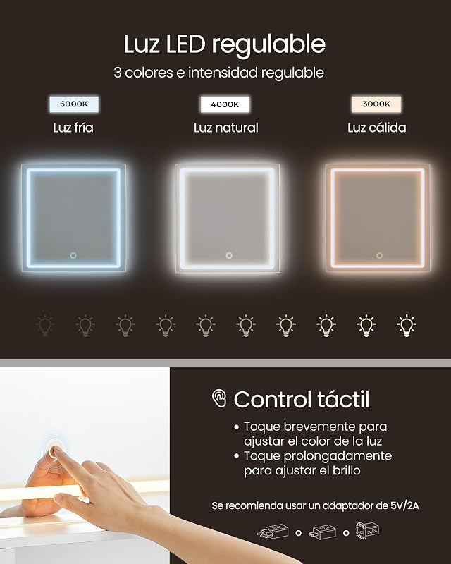 Kailyn Colección - Tocador con Luces LED, Regleta de Enchufes, Luz Regulable en 3 Colores, Mesa de Maqueillaje con Cajones, Ancho de 90 cm, para Dormitorios, Blanco Nube RDT134W01