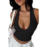 YFANG Women's Sexy Halter Deep V Neck Crop Tank Top Backless Sleeveless Slim Fitted Going Out Summer Top