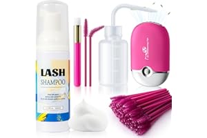 Buqikma Lash Shampoo 2.11Floz Eyelash Extension Cleanser Gentle Foam,USB Mini Lash Fan,Rinsing Bottle Mascara Brush Cleaning Brush Lash Cleaning Kit Lash Wash for Professional Salon&Home Use(Rose Red)