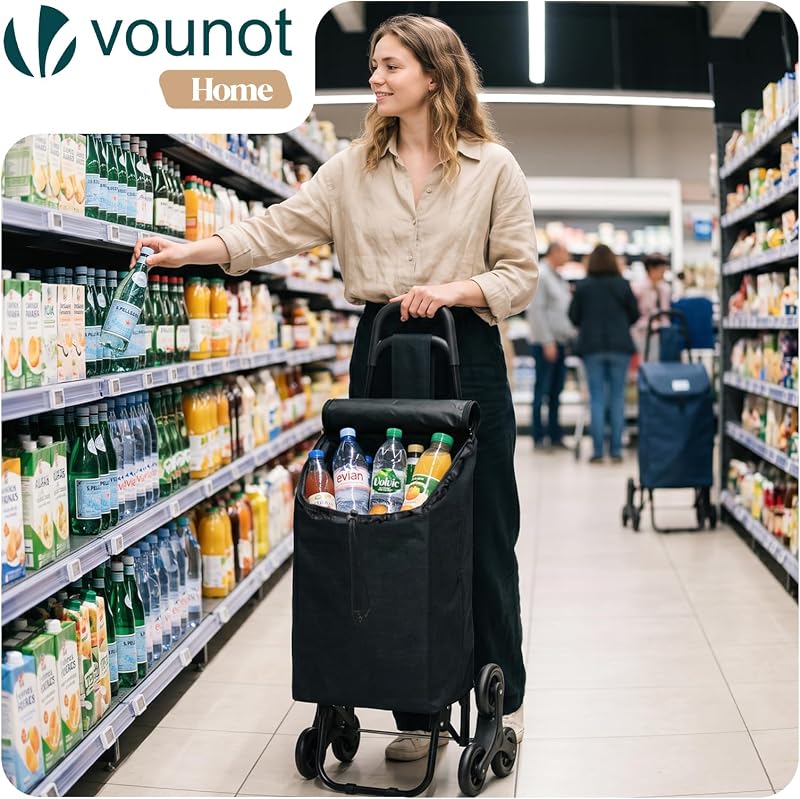 ® Carro de la Compra con 6 Ruedas para Subir Escaleras, Carrito de la Compra Plegable, Bolsa Impermeable de 32 L, Negro