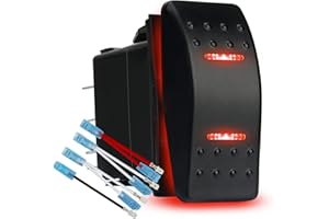 HOKAAER Momentary Rocker Switch Toggle (ON)-Off-(ON) Waterproof 12V/20A 24V/10A 7Pin DPDT Red LED Light, with Jumper Wires Set for Marine Boat Car Truck Caravan RV SUV ATV UTV