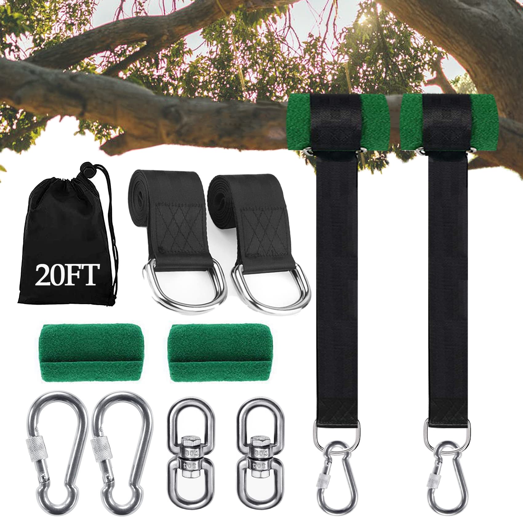 Photo 1 of Werfeito Tree Swing Straps Hanging Kit (Set of 2), 3FT/8FT/10FT/20FT/30FT Tree Swing Straps Holds 5000 lbs with Tree Protector, Heavy Duty Carabiner and Swivel Perfect for Swings & Hammocks(20 FT)