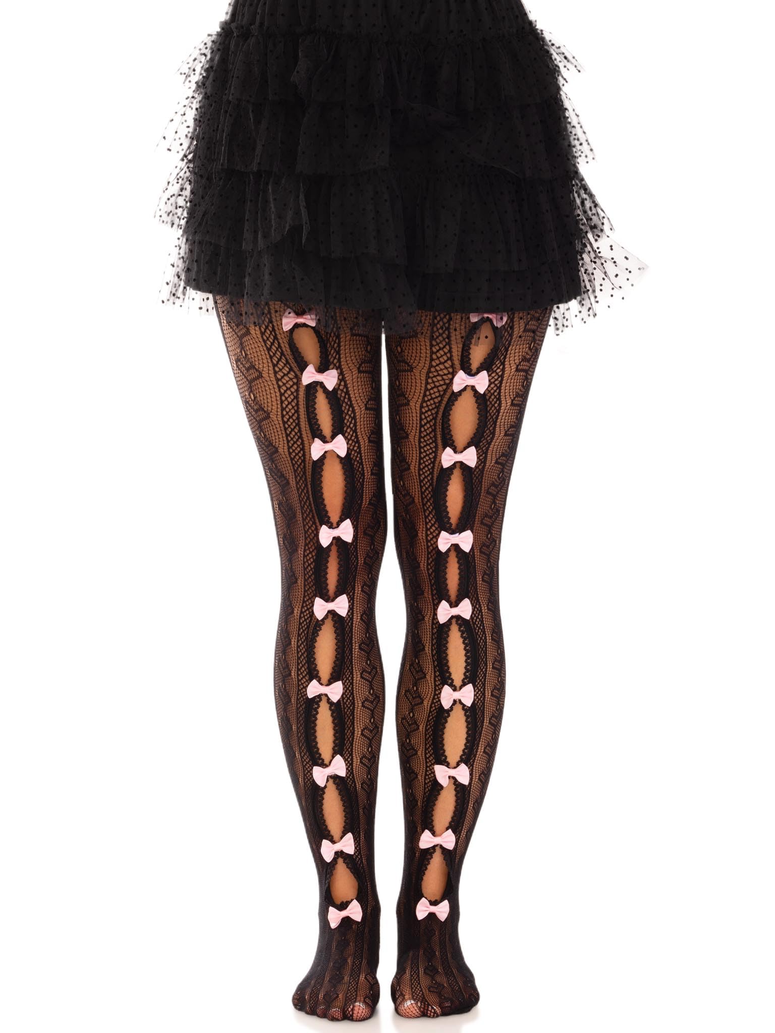 Leg Avenue Womens Sweetheart Striped Net Tights With Keyhole and Mini Bow Detail