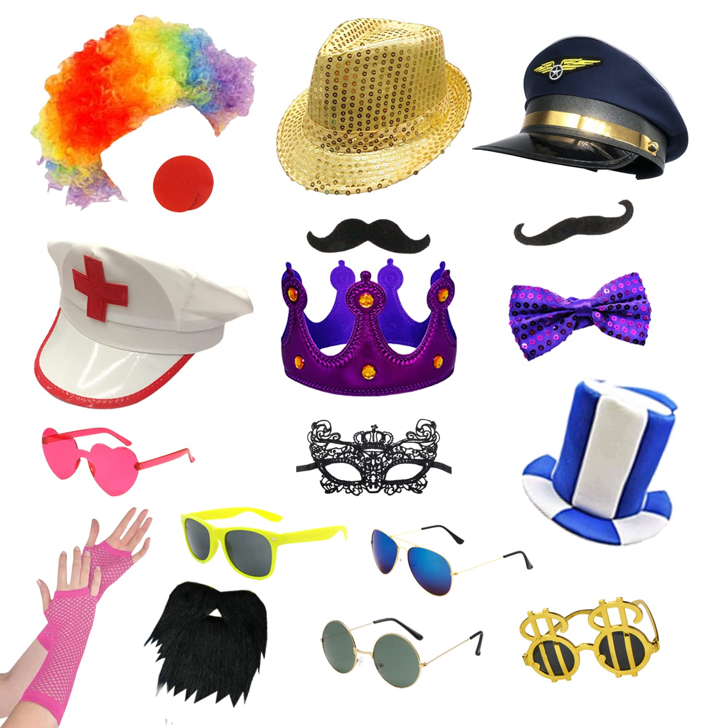 Photo 1 of 18 Pcs Funny Photo Booth Props for Adults - Assorted Dress Up Costume Hats and Fun Sunglasses - Fun Photo Booth Props Kits for Wedding, Bachelorette, Graduation, Birthday Party Supplies