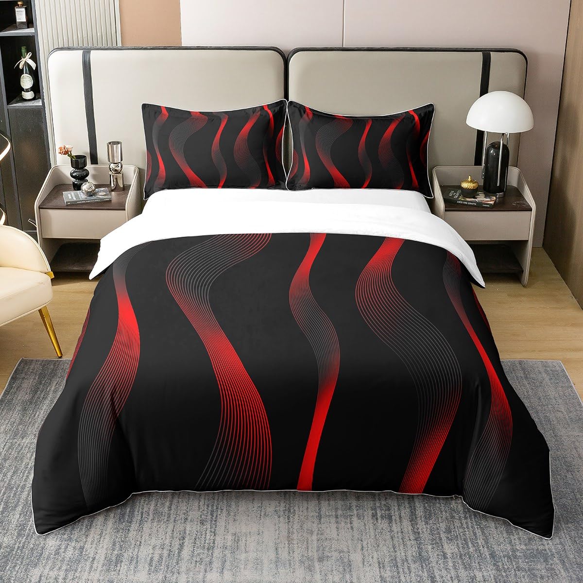100% Natural Cotton Geometric Ombre Duvet Cover Single, Red Black Striped Bedding Set,Gradient Stripes Lines Comforter Cover,Modern Abstract Bed Sets with 1 Pillowcase Lightweight